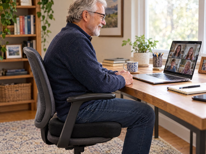 A man on a video call at his desk, sitting on the gel seat cushion