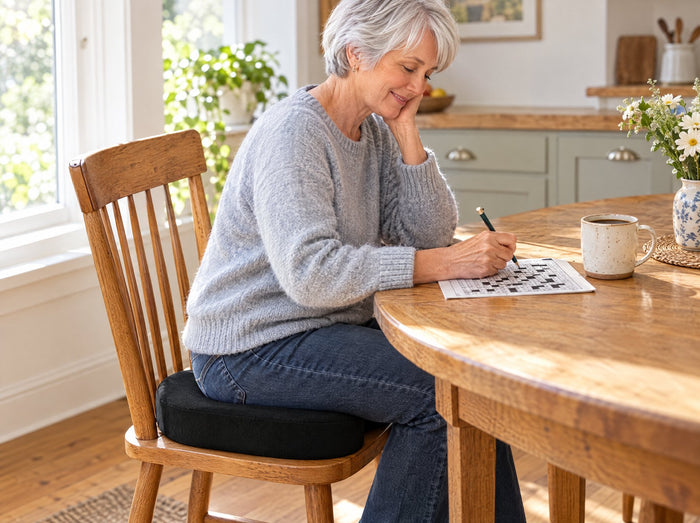 A woman doing a crossword at the kitchen table, sitting on the gel seat cushion on a wooden chair