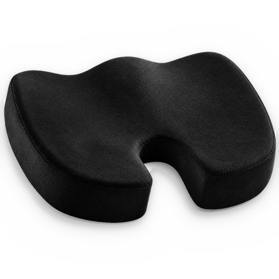 Black gel seat cushion with a tailbone cutout, fully covered in soft fabric, on a white background
