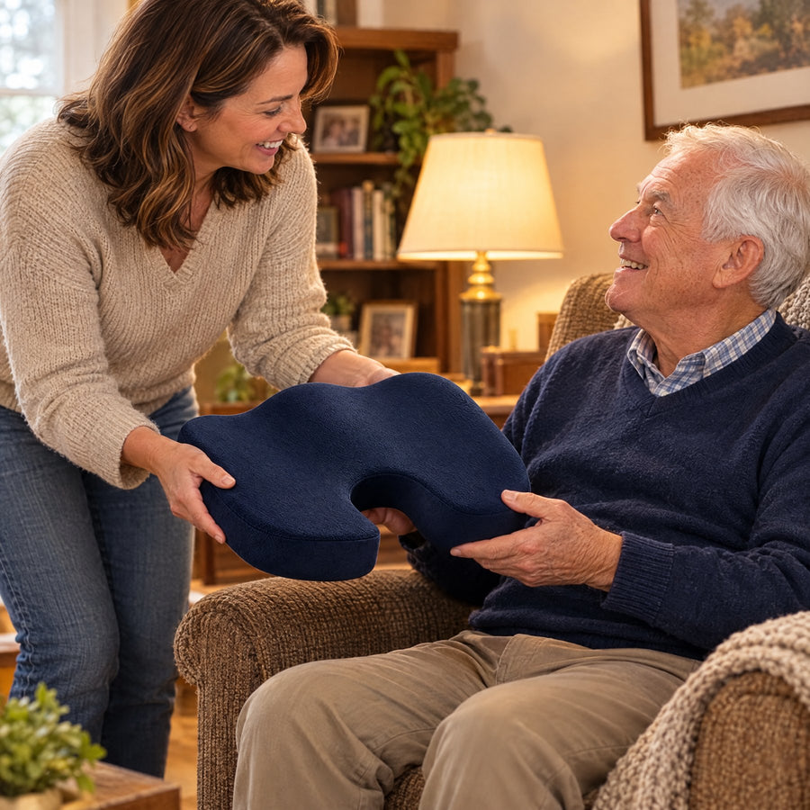 A daughter giving her father the blue gel seat cushion as he sits in his armchair