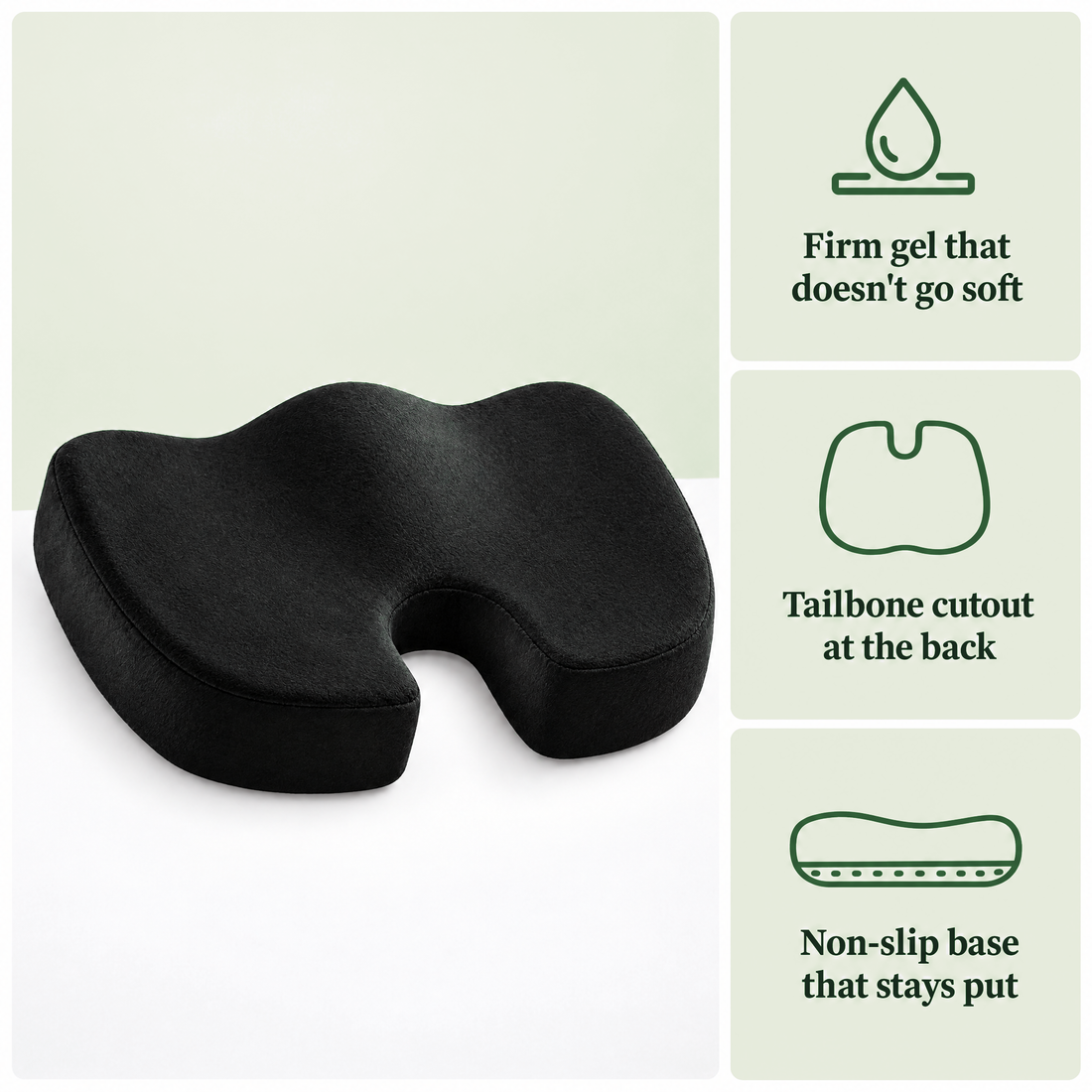 Black gel seat cushion with 3 benefits: firm gel that doesn't go soft, tailbone cutout at the back, non-slip base that stays put