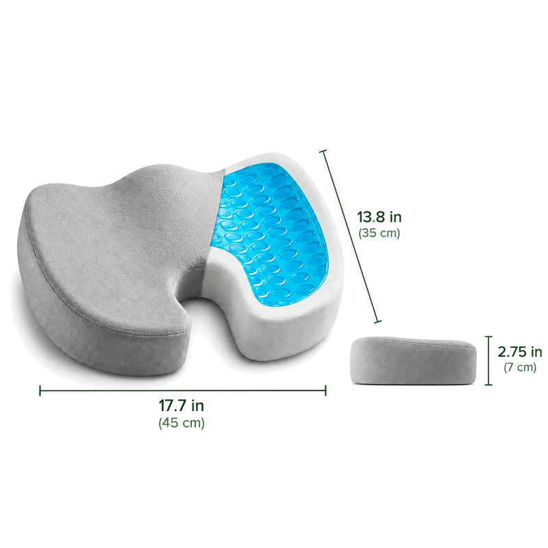 Gel seat cushion size: 17.7 in wide, 13.8 in deep, 2.75 in thick, with the cover opened to show the gel layer inside