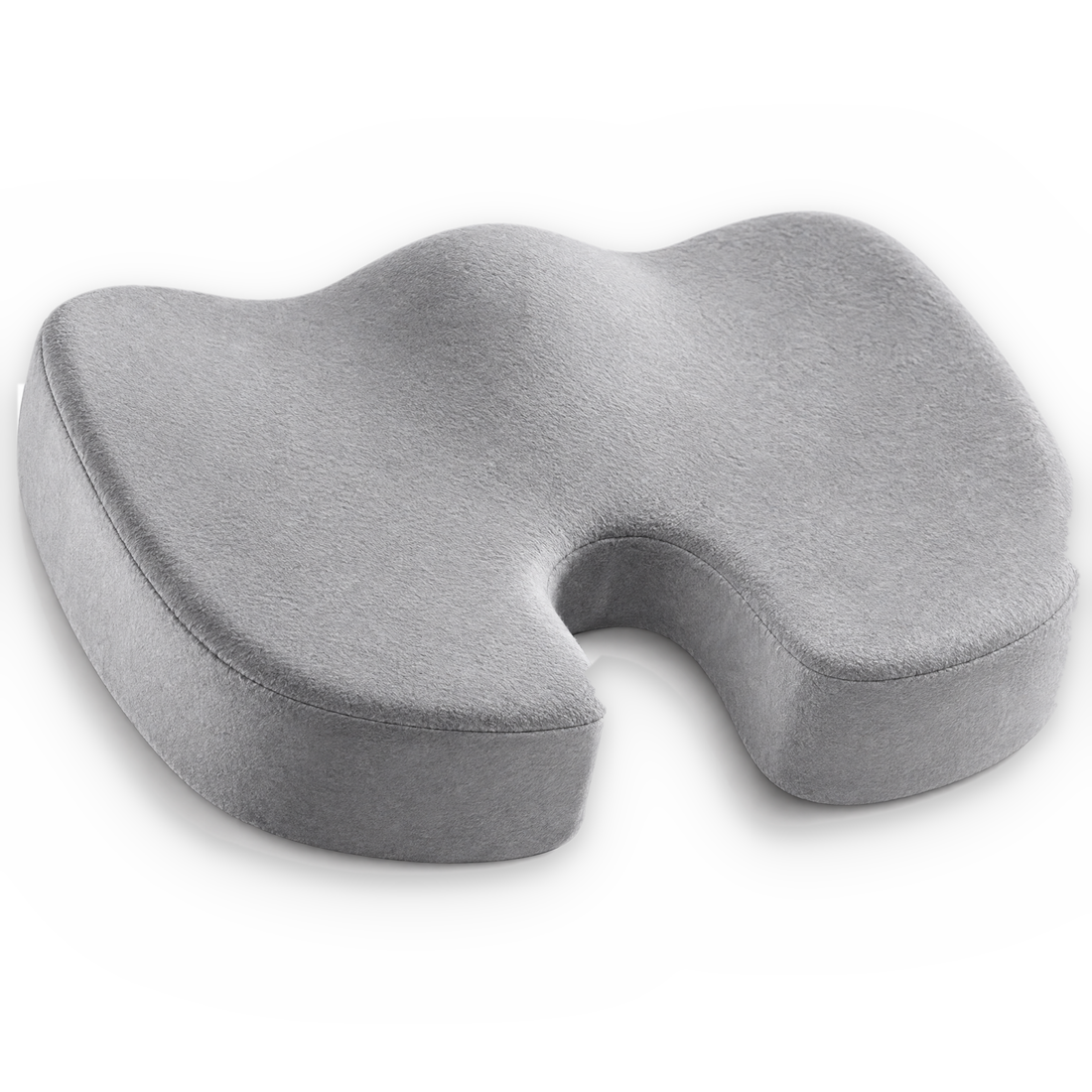 Gray gel seat cushion with a tailbone cutout, fully covered in soft fabric, on a white background
