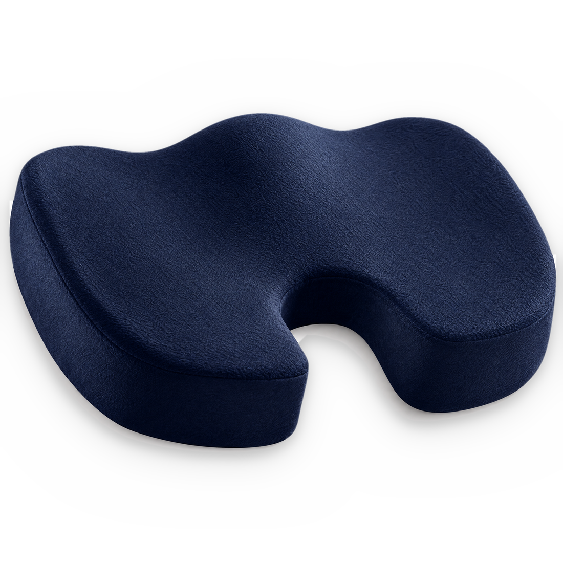Blue gel seat cushion with a tailbone cutout, fully covered in soft fabric, on a white background