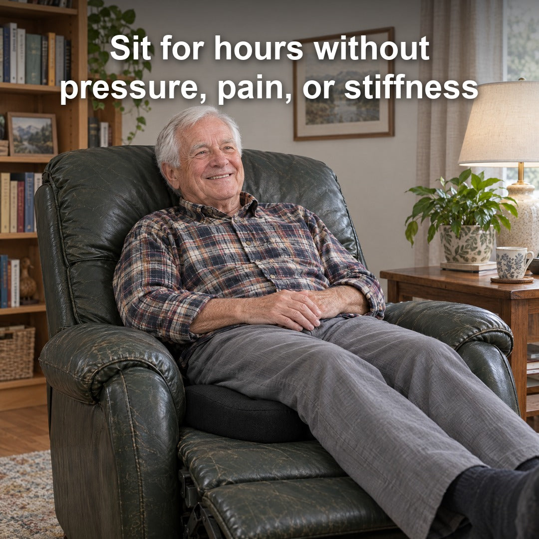 A smiling older man leaning back in his green leather recliner, sitting on the black gel seat cushion. Sit for hours without pressure, pain, or stiffness