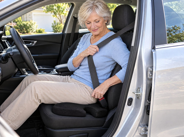 A woman buckling her seatbelt in the driver's seat, sitting on the gel seat cushion